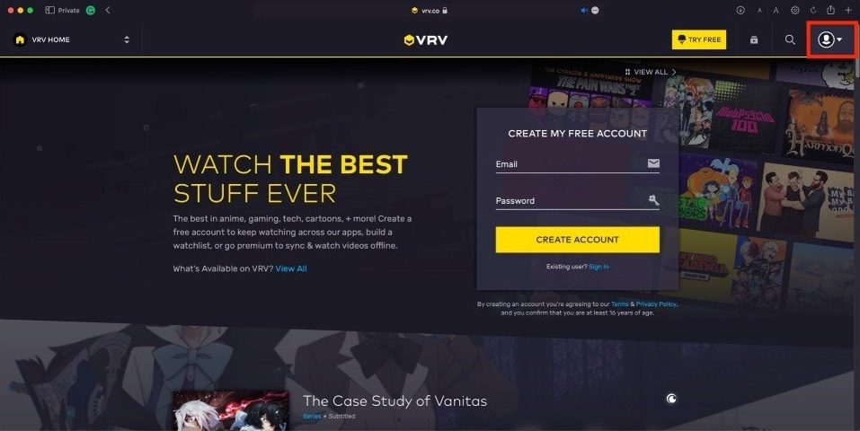 how to create an account on vrv