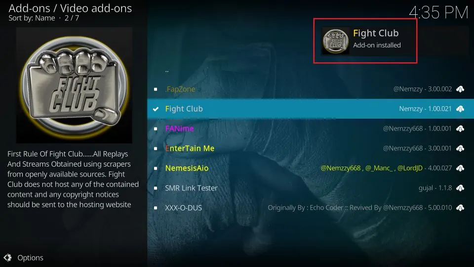 Fight Club Add-on installed notification