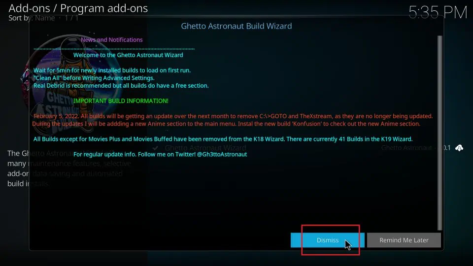 click dismiss