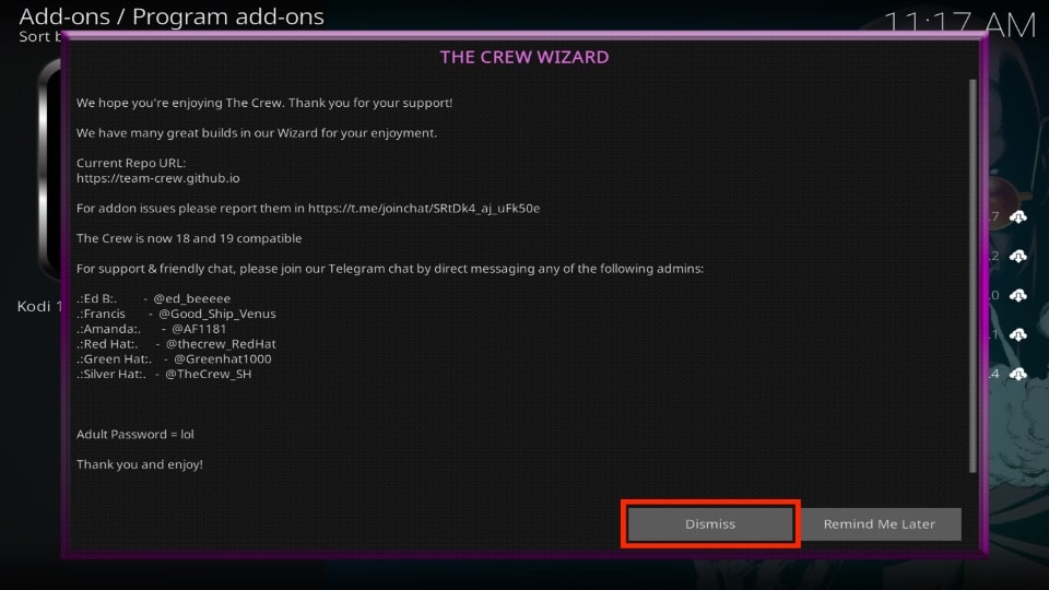click dismiss