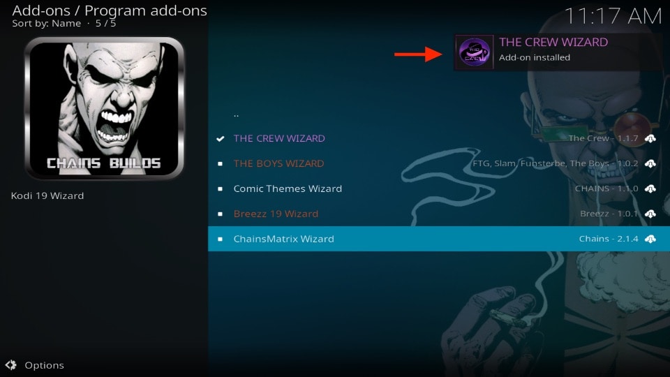 the crew wizard addon-on installed notification