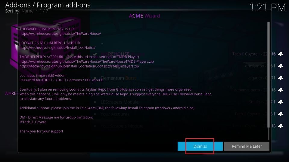 click on dismiss button