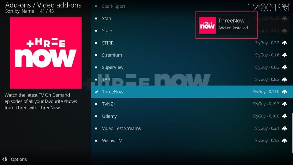 three now addon installed