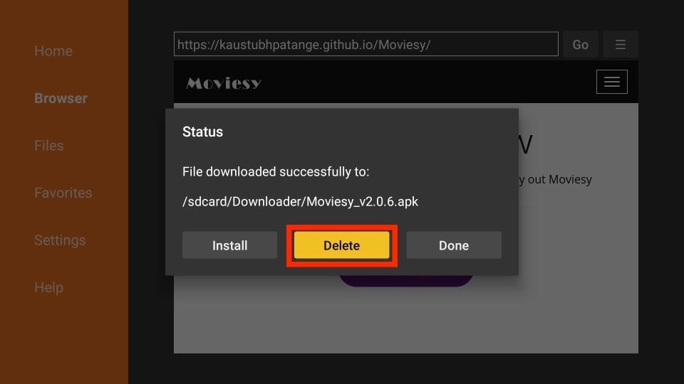 delete moviesy apk files