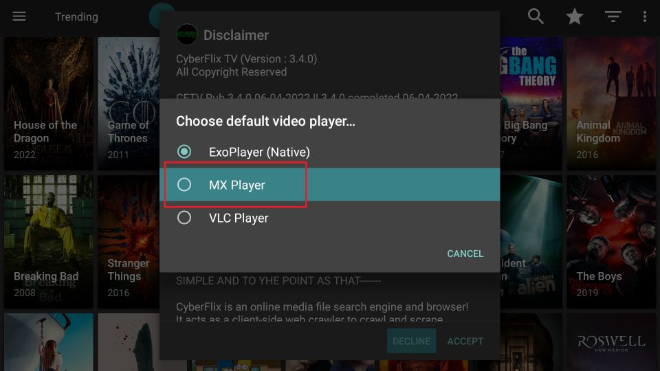 select mx player for cyberflix tv on firestick