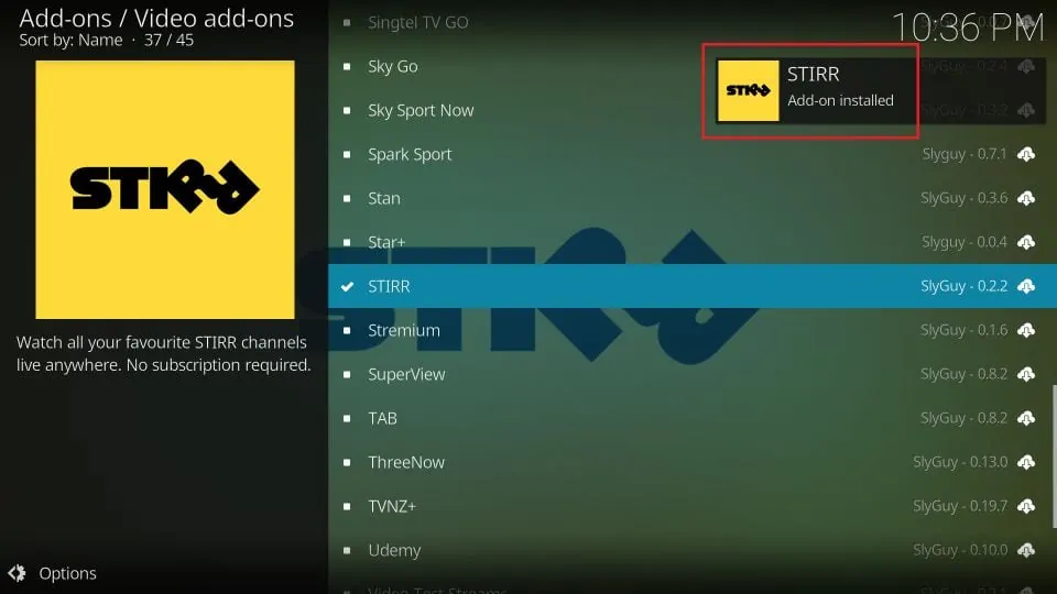Stirr Add-on installed