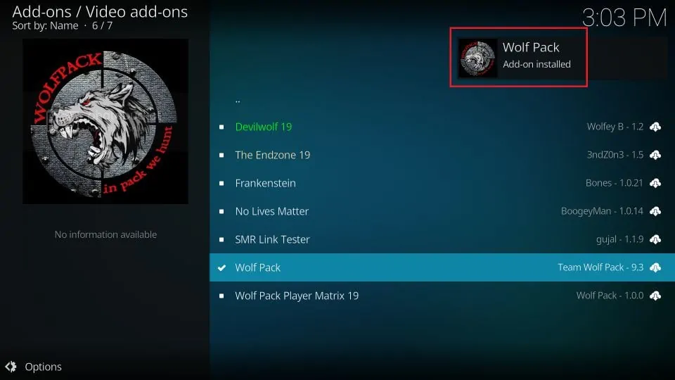 Wolf Pack Add-on installed notification