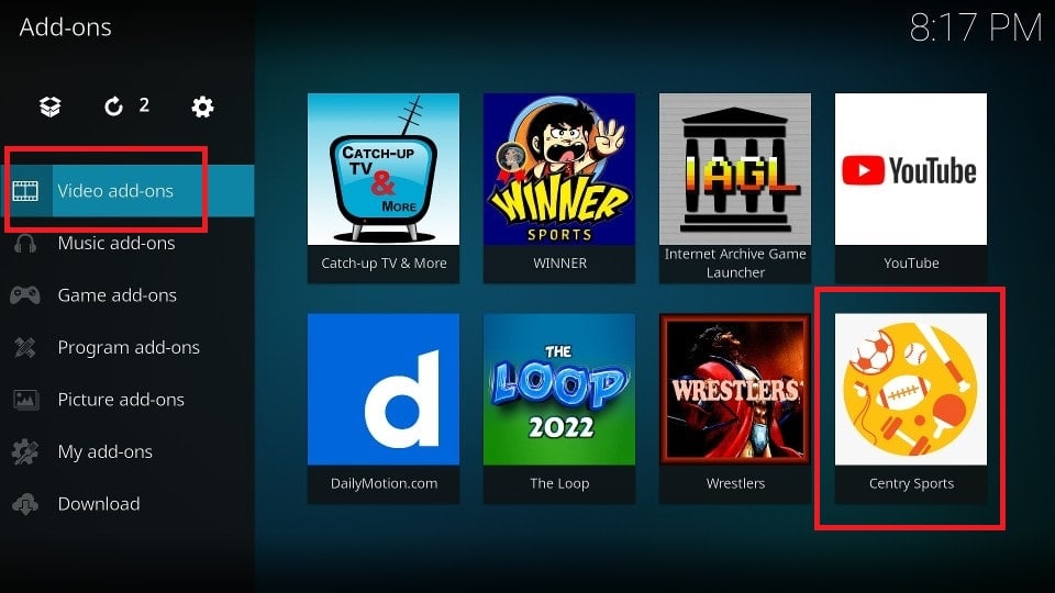 video addons click centry sports