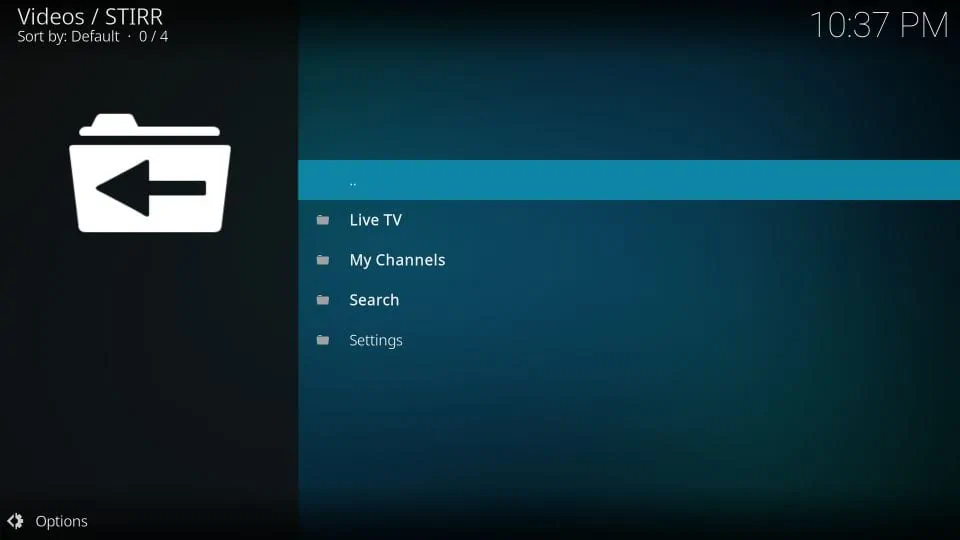 main screen of Stirr addon for kodi