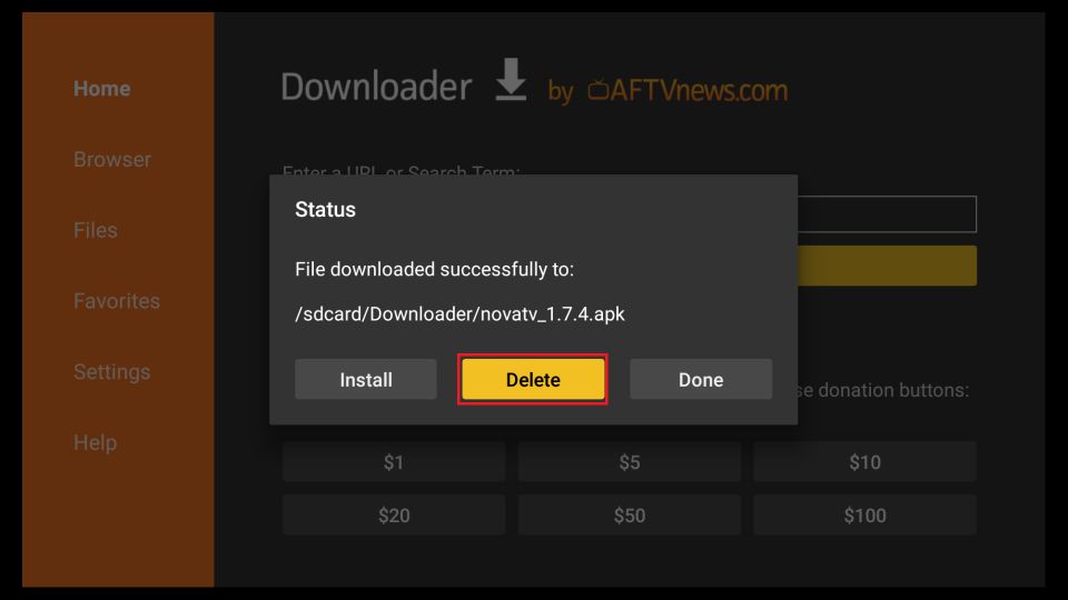 delete nova tv apk file