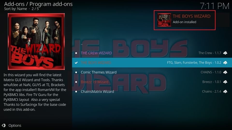 the boys wizard addon installed
