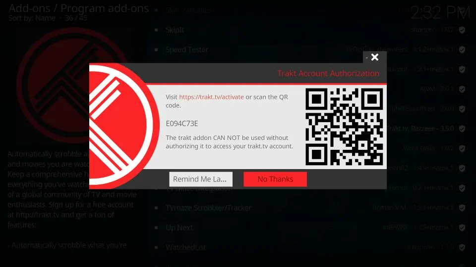 trakt authorization code