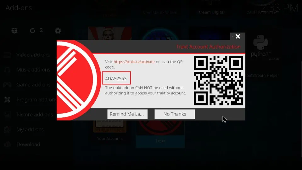 trakt activation code on kodi