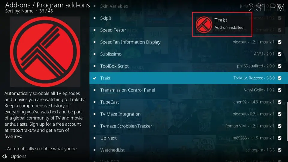 ‘Trakt Add-on installed’ notification