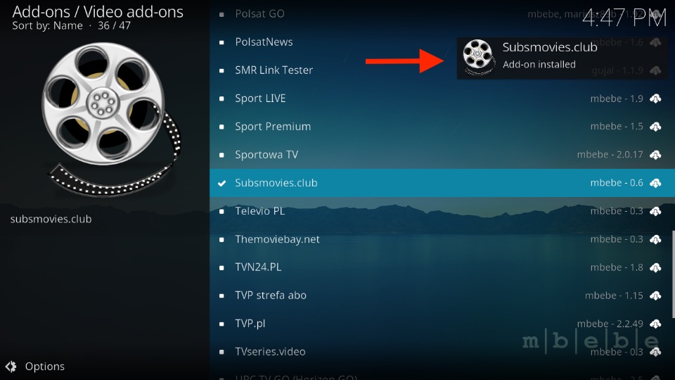 Subsmovies club Add-on installed