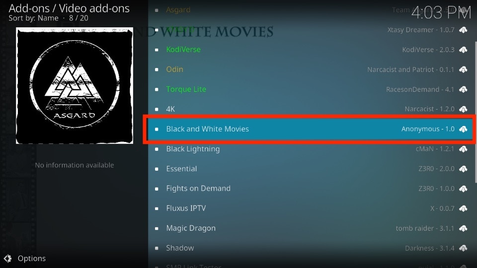 select Black and White Movies addon