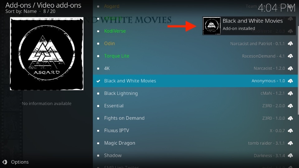Black and White Movies add-on installed