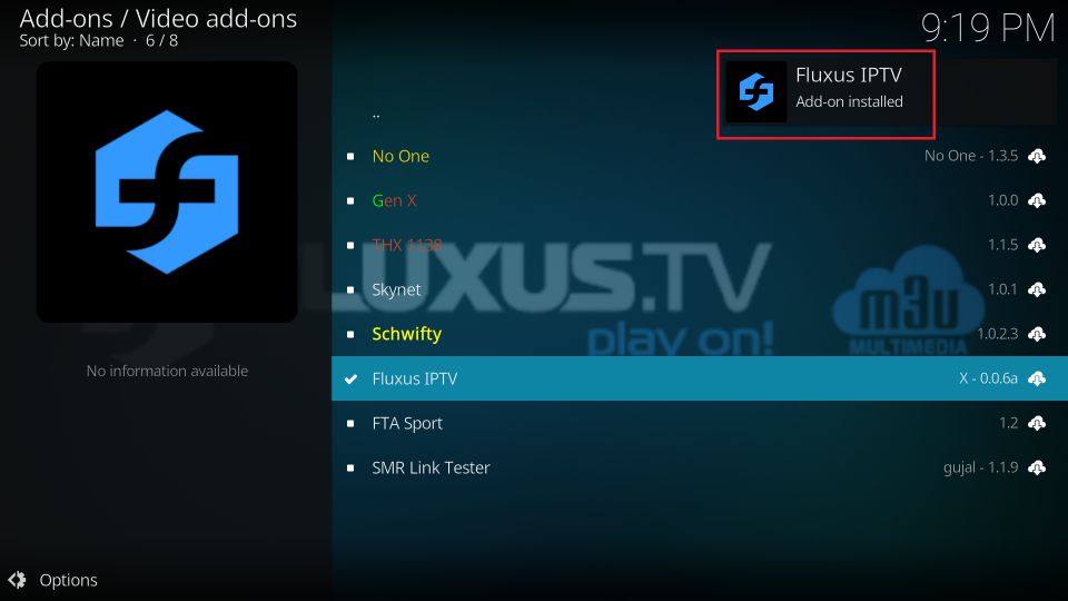 fluxus iptv Add on installed