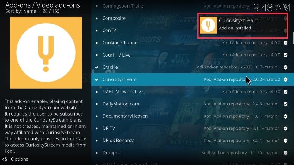 curiositystream addon installed