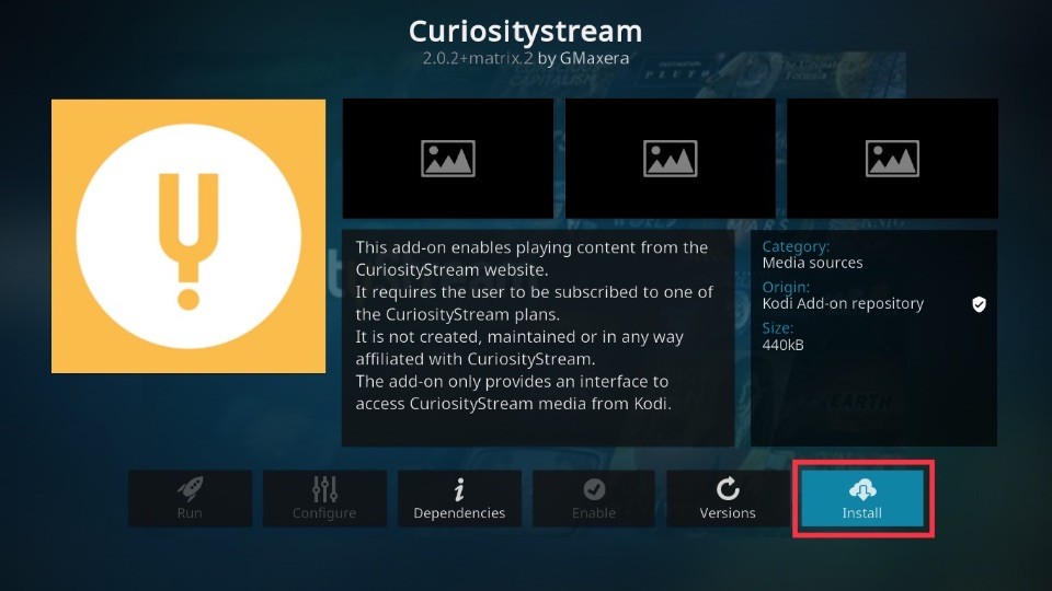 how to install curiosity stream kodi addon