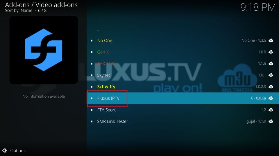 click the Fluxus IPTV addon