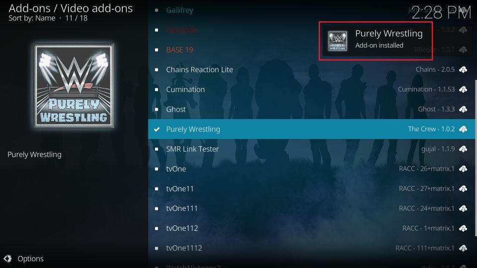 Purely Wrestling addon installed