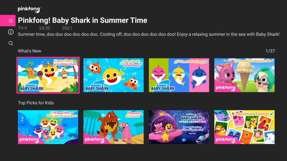 home screen of pinkfong and baby shark app on firestick