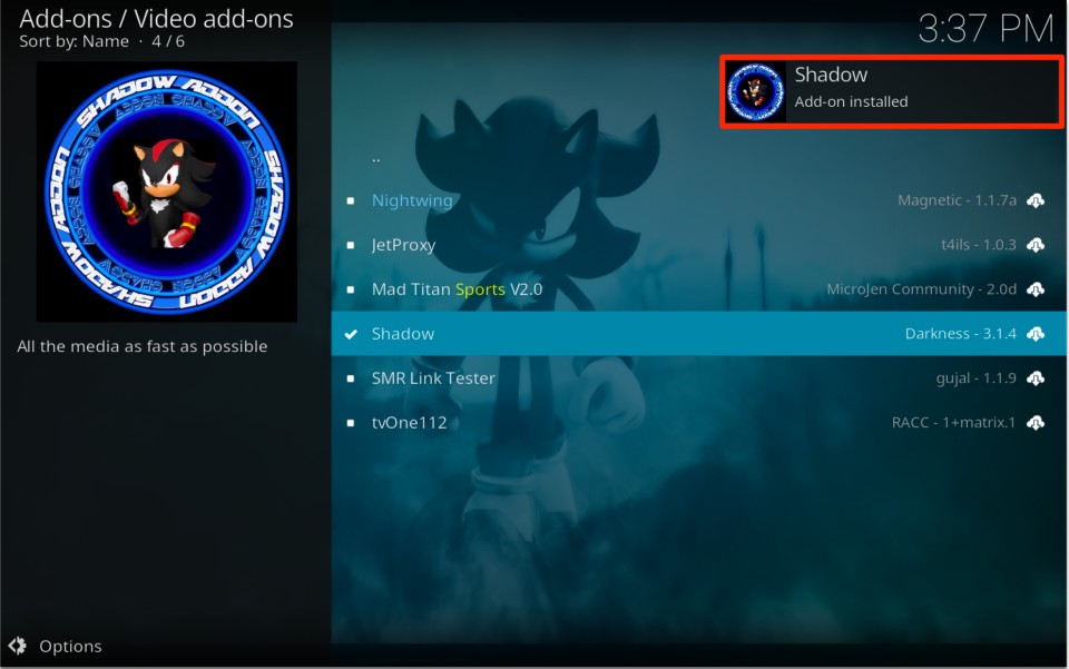Shadow addon on kodi installation notification