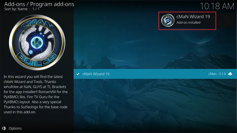 cMan Wizard 19 addon installed