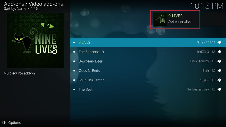 9 lives addon installed