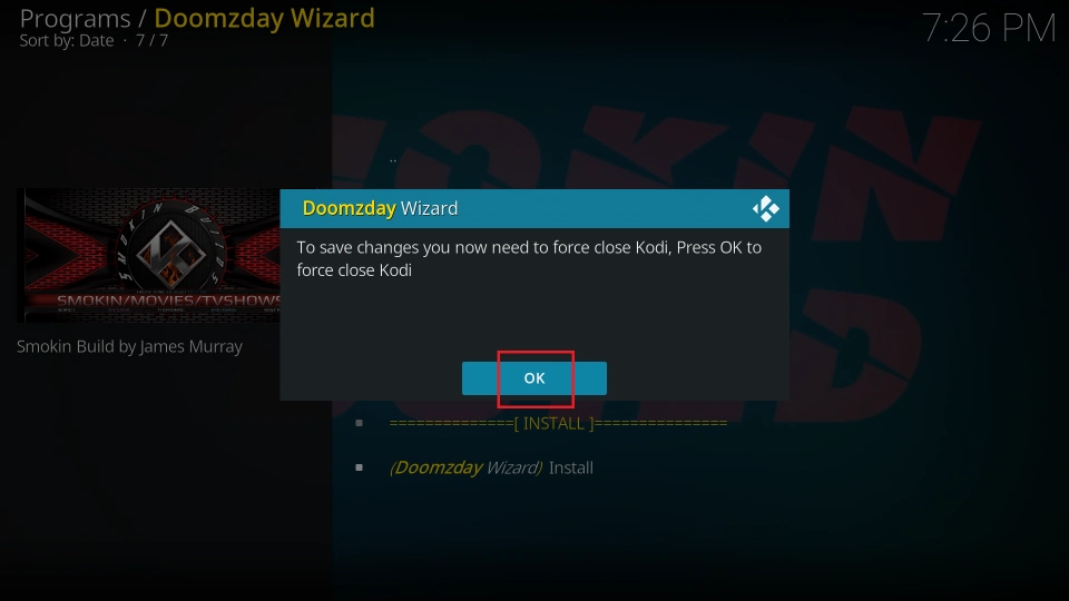 click ok to force close kodi