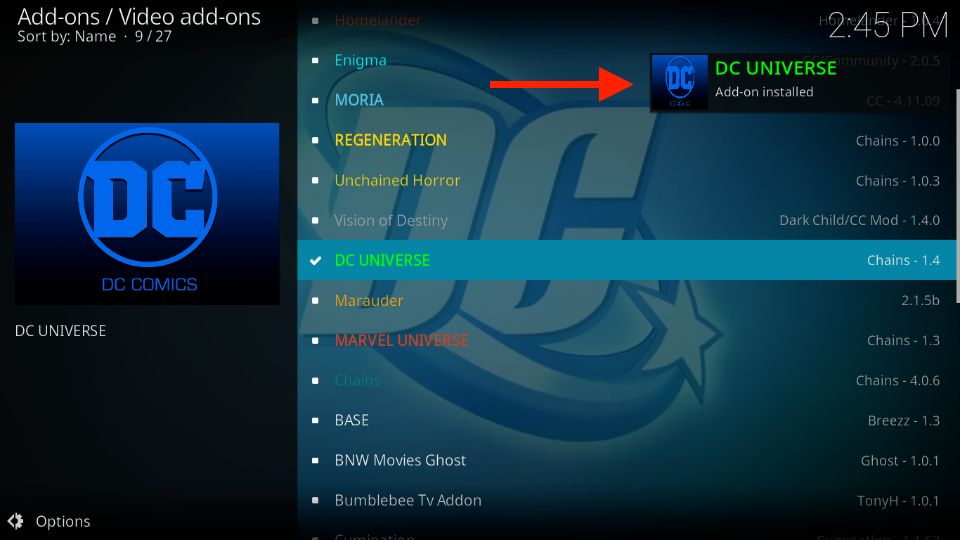 dc universe addon installed