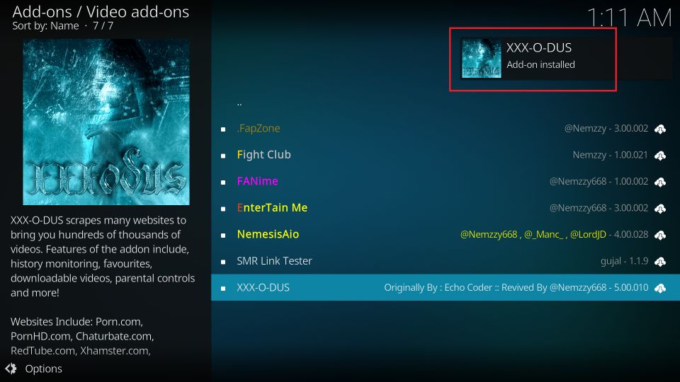 xxx-o-dus addon installed