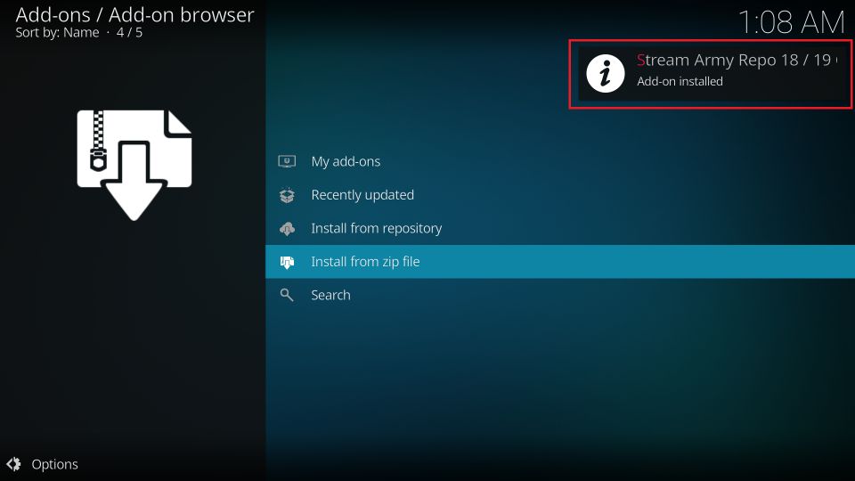 stream army repo add on installed