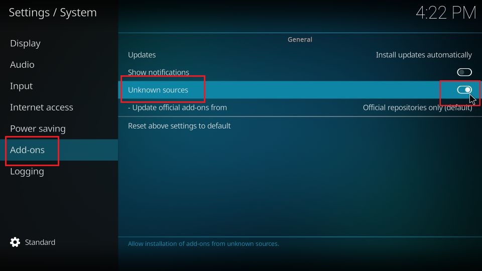 addons enable unknown sources