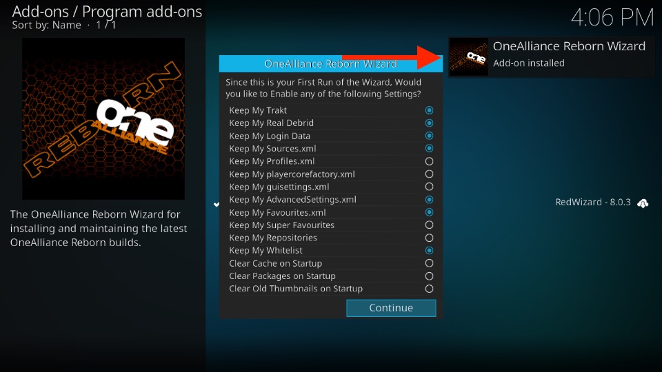 OneAlliance Reborn Wizard Add-on installed