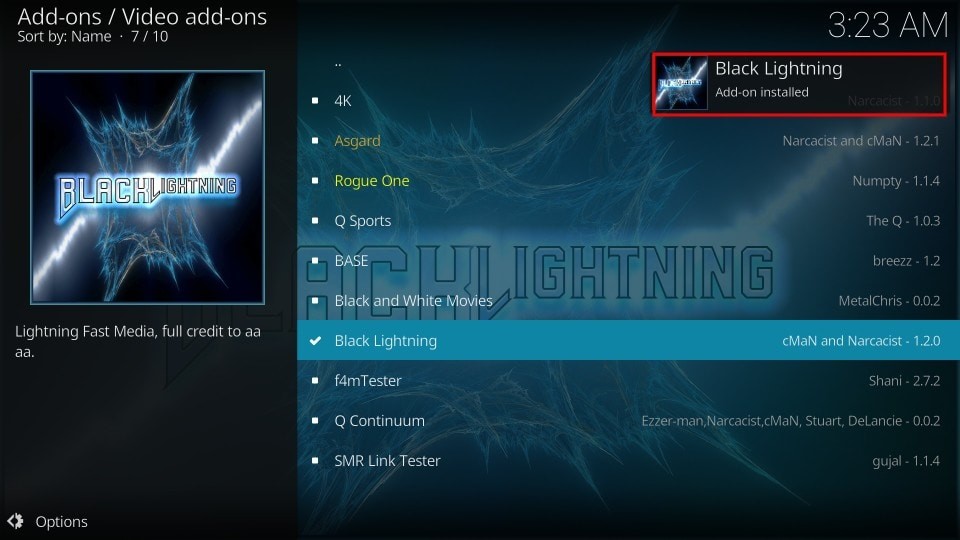 Black Lightning Add-on Installed