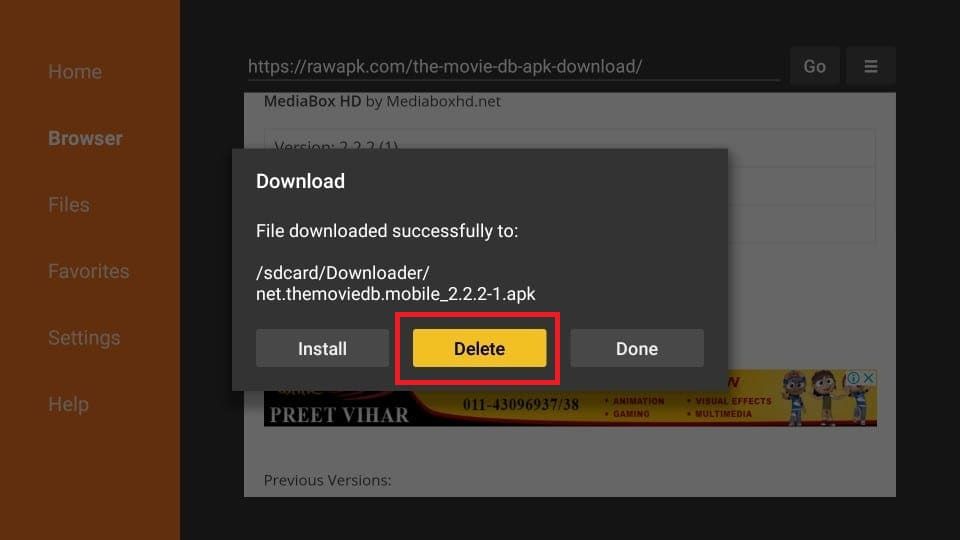 delete mediabox hd apk files