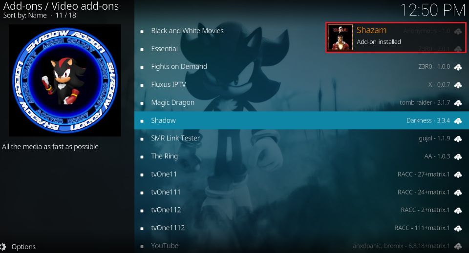 Shazam addon installed