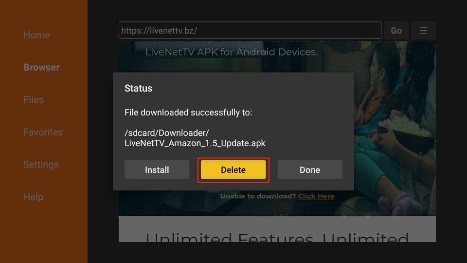 delete live net tv apk files