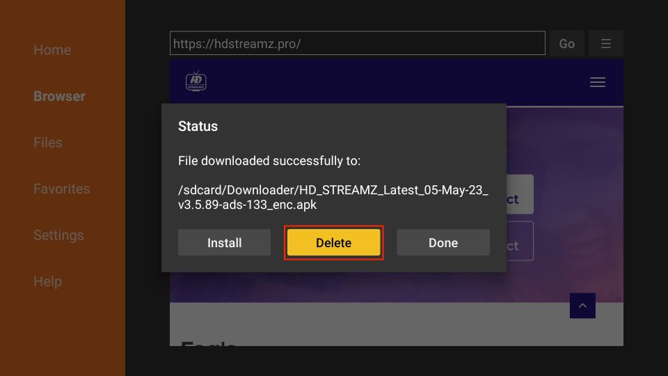 delete hd streamz apk files