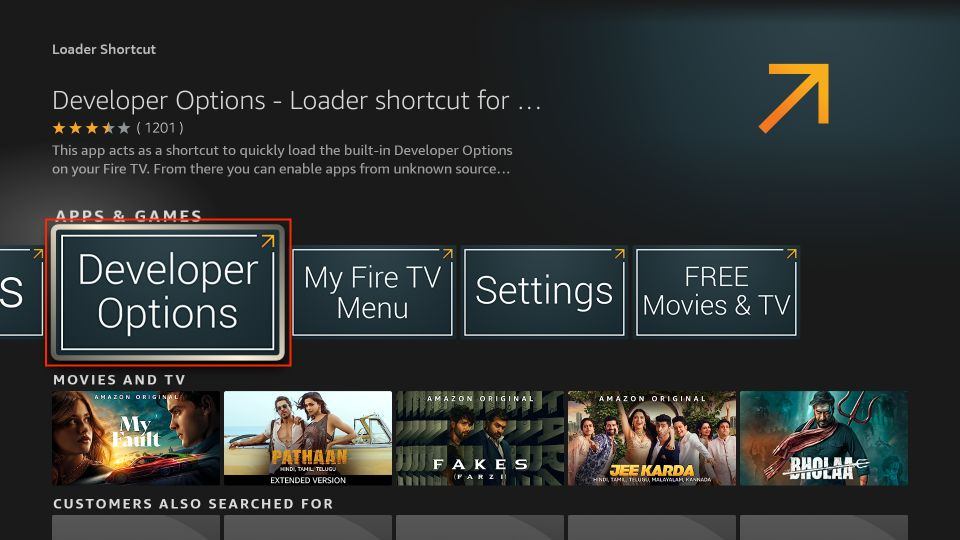 select Developer Options app