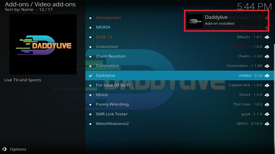 Daddylive Add-on installed