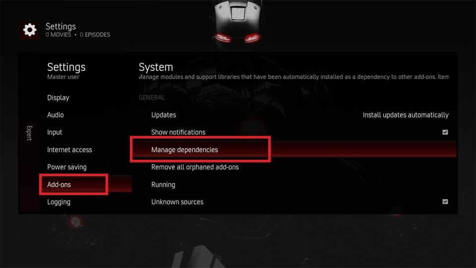 select Manage dependencies