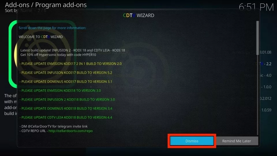 click on dismiss button