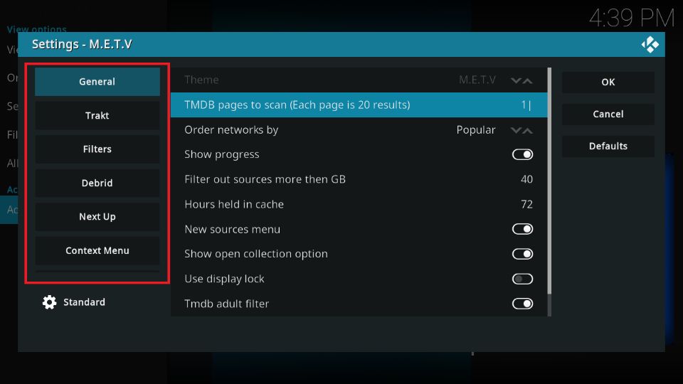 metv addon settings