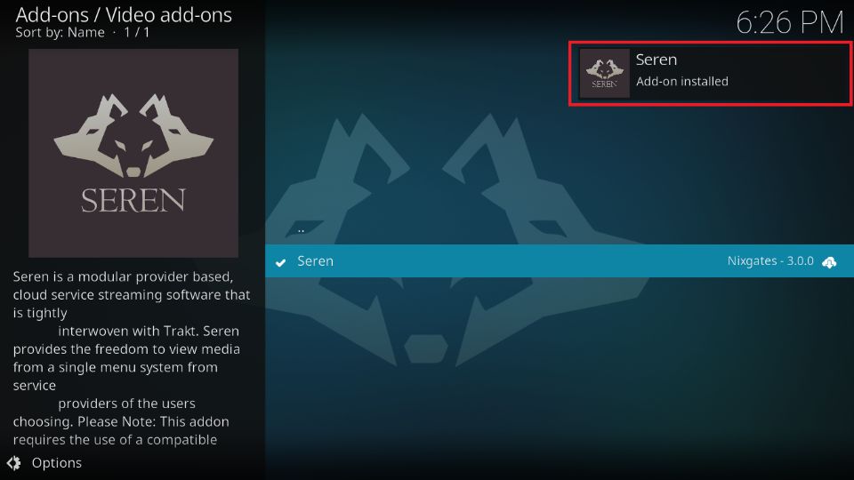 Seren Add-on installed