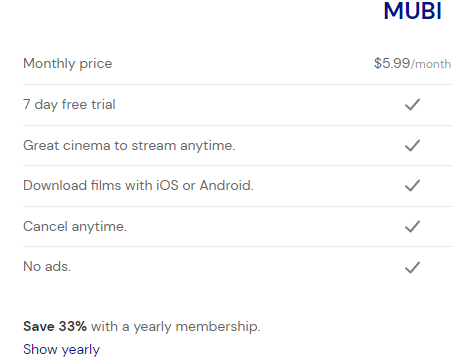 Mubi Pricing & Plans