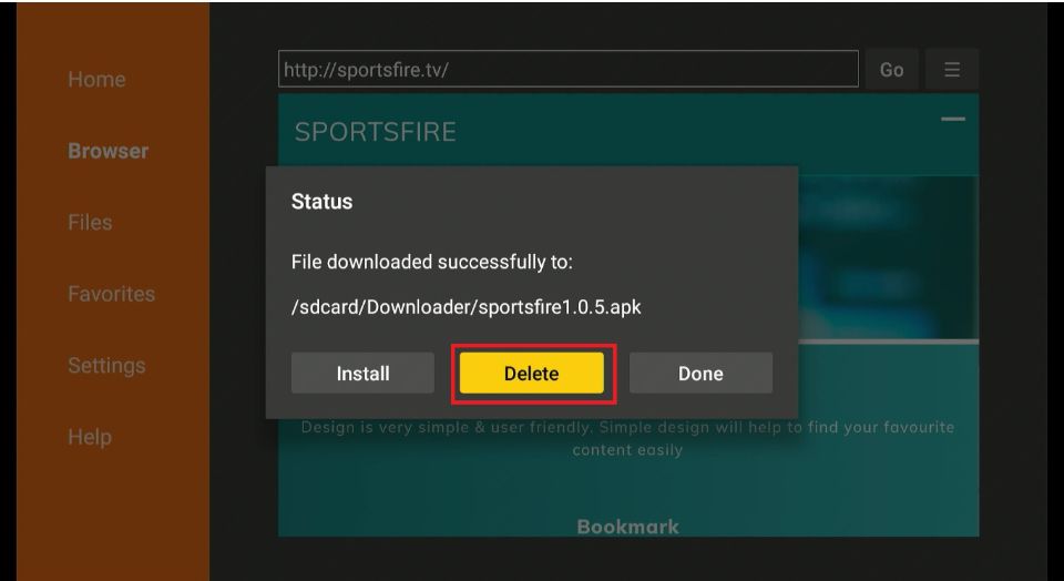 delete sportsfire apk files