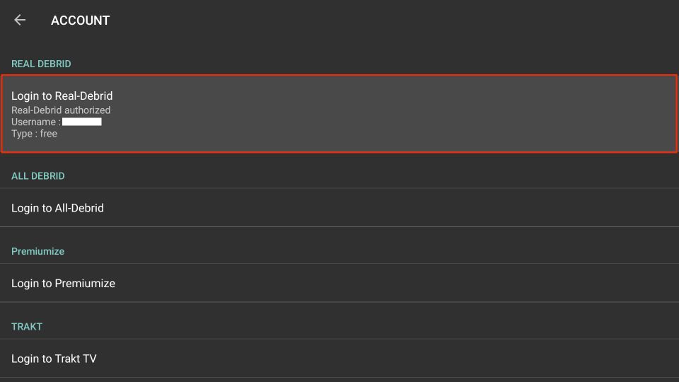 Login to Real Debrid section